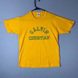 Vintage Russell Athletic Calvin College Yellow T Shirt USA Made Size Medium